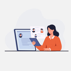 A woman looking at the profiles of her employees with a white background, flat art vector illustration