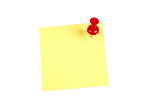 Yellow sticky note with red push pin transparent background
