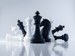 A close up shot of black and white chess pieces with fallen pieces on a reflective surface studio shot