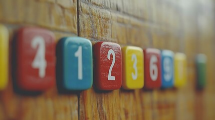 Colorful number tiles on wooden background