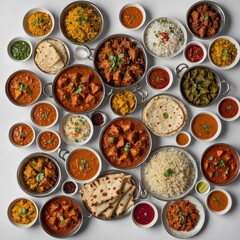 “A top-down view of assorted Indian dishes beautifully arranged on a pure white background. The spread includes colorful and aromatic dishes like butter chicken, biryani, samosas, paneer tikka, naan, 
