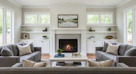 Living room interior with fireplace sofas and built in shelves