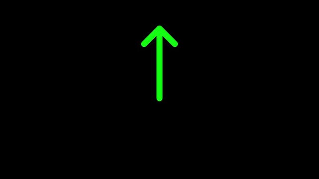Bright neon white arrow going up on black background. Neon abstract directional icons indicate animation, moving, straight, parallel. 4k vide