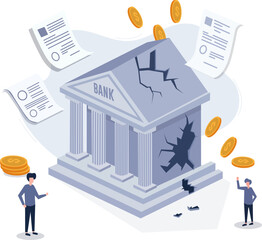 Bank bankruptcy problem and document problem concept flat art vector illustration.