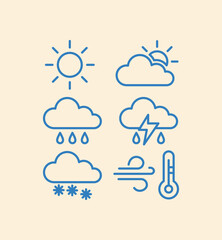 A clean set of 8 blue weather icons on a beige background showing sun, partly cloudy, rain, storm, snow, wind, and thermometer—outlined in modern style, ideal for apps, forecasts, and UI design
