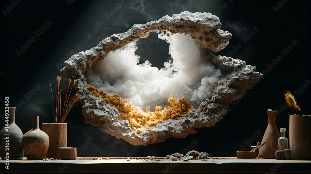 Poster abstract art featuring a floating rock formation and white clouds. it could be used as a unique desk