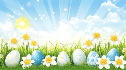 Easter eggs in sunny meadow, spring flowers, blue sky