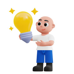 cute boy holding a lightbulb 3d illustration