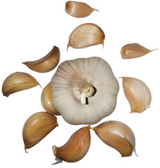 Top View of Garlic Bulb with Separated Cloves Isolated Background
