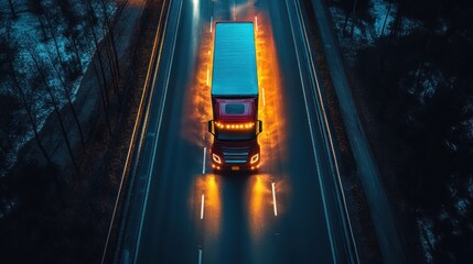 Aerial view of a semi-truck with trailer traveling on an illuminated highway at night