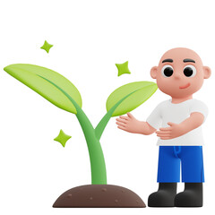 Cute Boy growing a plant 3d illustration