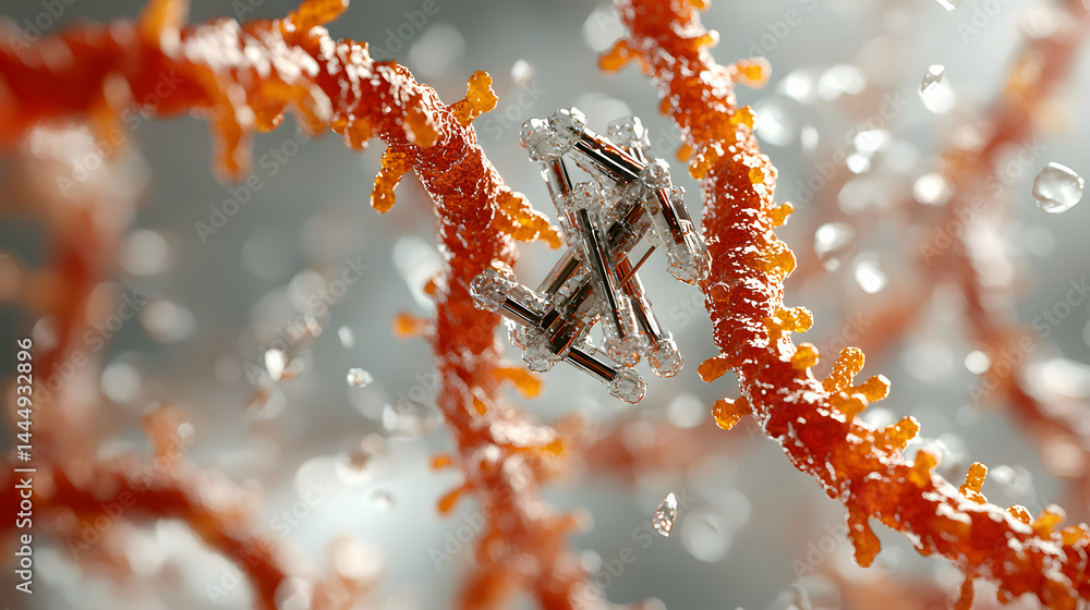 Fototapete an abstract digital art depicting a nanobot interacting with organic structures suggesting biotechno