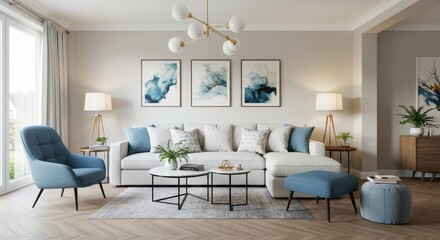 Elegant living room with white sofa, blue accents and modern chandelier