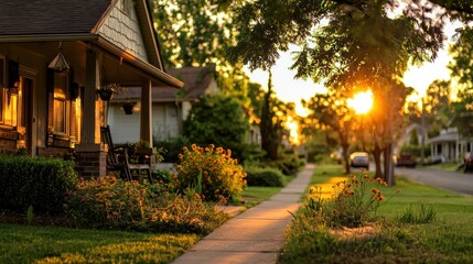 Beautiful sunset sunlight illuminates houses and a sidewalk on a street