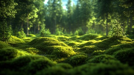 Fototapeta premium Lush green moss carpet in a sunlit forest. Focus on the foreground moss with trees in the background