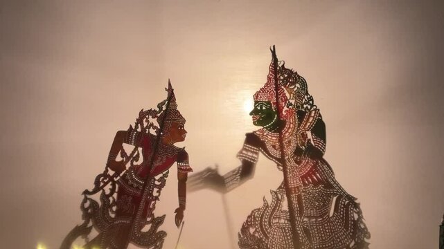 Thai shadow puppet show (Nang Yai) with characters from the Ramakien.