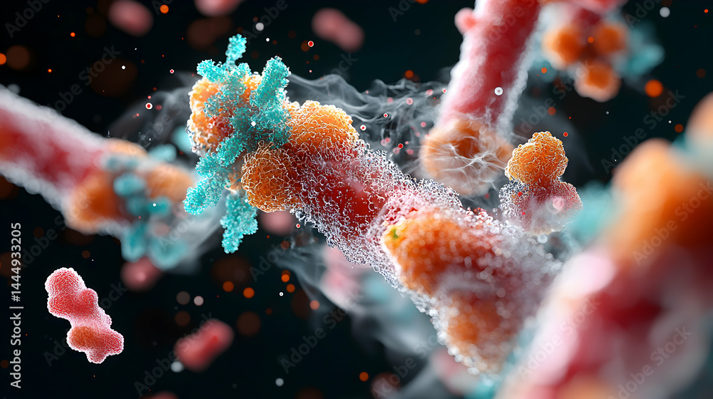 Poster a visually stunning microscopic depiction of biological structures. suitable for scientific presenta
