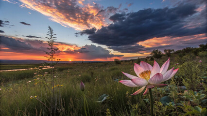 Blooming Lotus Flower at Sunset with Cloudy Sky Over Rural Landscape