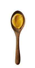  This is an illustration of a butter spoon with a PNG transparent background, showcasing a scoop of yellow butter in a wooden spoon.