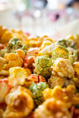 Close-Up of Colorful Popcorn in Green, Red, and Yellow Colors