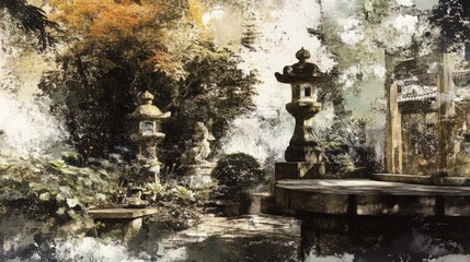 Obraz premium Serene Japanese Garden Art. Stone lanterns and lush greenery evoke serenity in this traditional Japanese garden. Artwork shows the beauty of nature in Japanese culture.