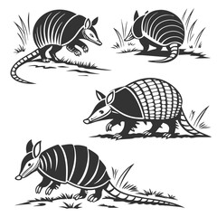 Armadillo Silhouettes Set Walking Armored Mammals, Monochrome Outlines, Wildlife Animals