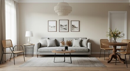 Fototapeta premium Living room interior with gray sofa, round table, and artwork in a neutral color palette