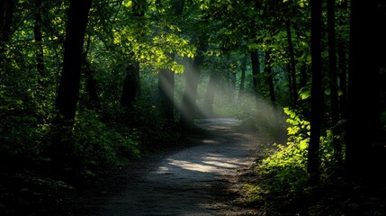 Obraz premium Sunlight beams illuminating a winding path through the vibrant forest landscape