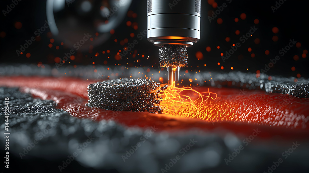 Poster close-up of a drill cutting through a material generating fiery sparks. suggests advanced manufactur
