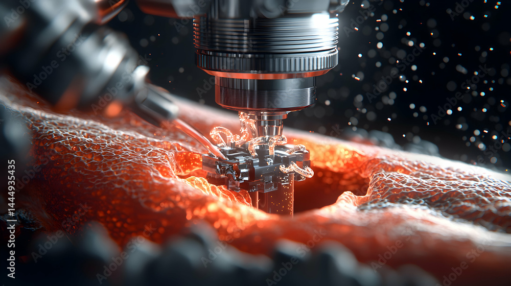 Poster microscopic view of a precision instrument possibly medical device. application could be for targete