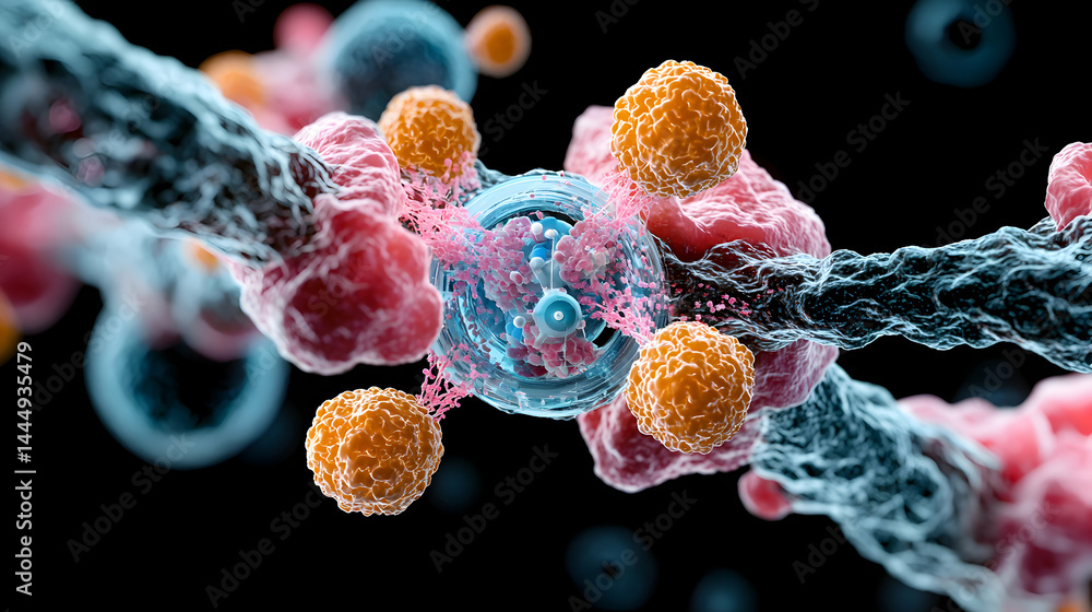 Poster an artistic illustration of cells interacting. it could be used to visualize concepts like cellular 