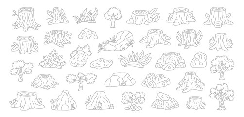 Collection of Tree Stumps Rocks and Bushes Line Art