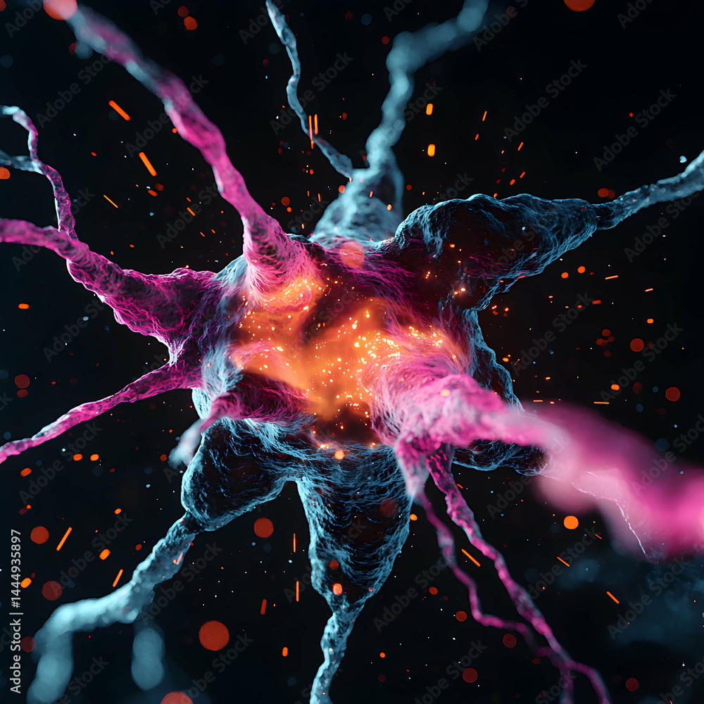 Poster a vibrant artistic depiction of a neuron firing. use it to illustrate neurological concepts or creat