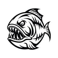 Stylized Piranha with Sharp Teeth Aggressive Fish Mascot Design Black and White