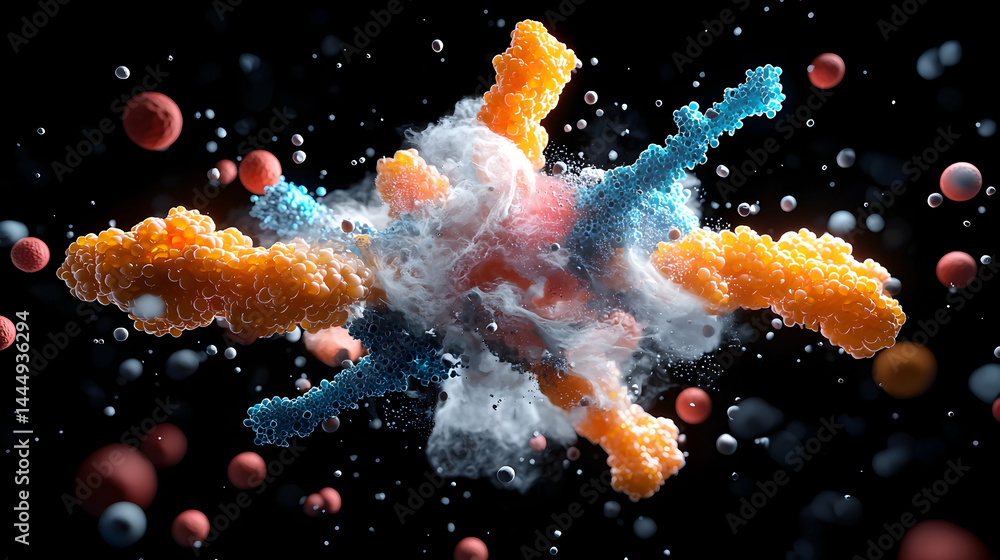 Poster an abstract image showcasing intricate cellular structures and molecular interactions. this artwork 