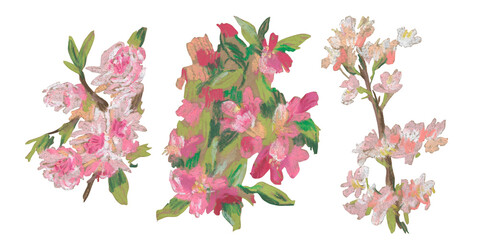 Spring clip art of sakura flowers drawn with wax crayons on white isolated background. Children's...