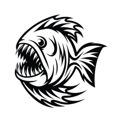 Piranha with Sharp Teeth Monochrome Illustration, Aggressive Freshwater Fish, Black and White
