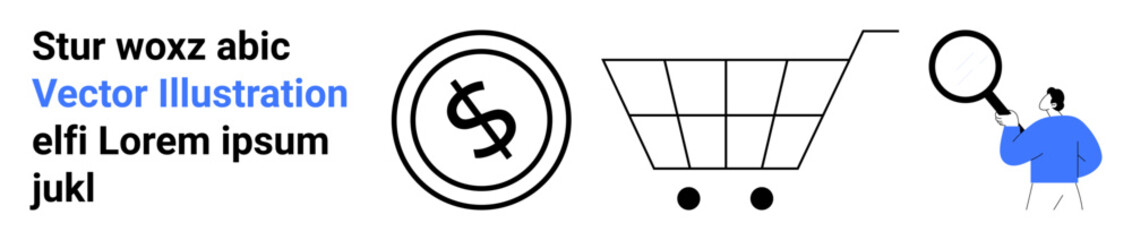 Dollar coin, shopping cart, and person using magnifying glass symbolizing e-commerce, financial analysis, retail research. Ideal for online shopping, market trends, economy insights, business