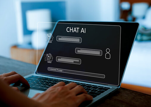 AI chatbots with virtual assistant tools and icons representing business, technology, and customer support, while also generating content and communicating through on-screen chat boxes.