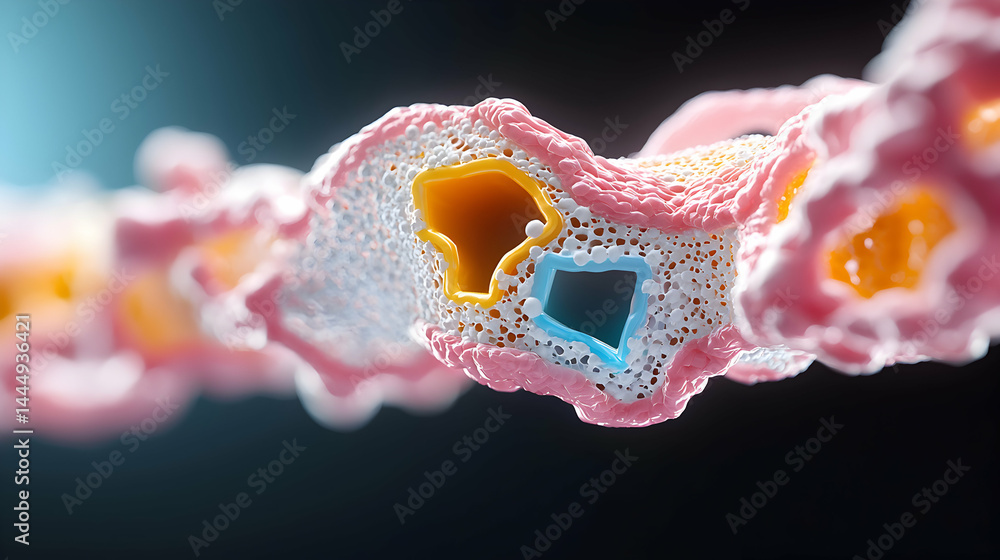 Poster a close-up of a cross-section of a biological structure possibly a cell or tissue. the colors and te