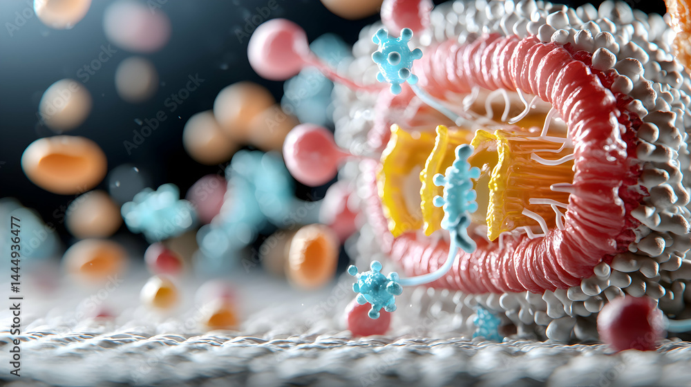 Poster a detailed illustration of a virus particle showing its intricate structure. ideal for educational p