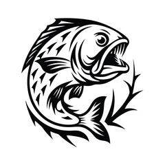 Black & White Tribal Fish with Sharp Teeth and Foliage in Circular Composition
