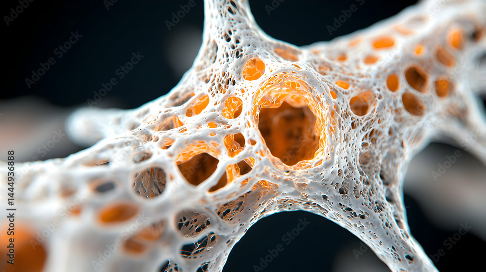 Poster microscopic view of bone structure highlighting the porous interior and cellular components. suggest