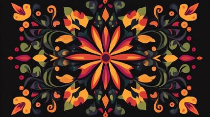 Floral Folk Art Orange Red  Green Symmetry on Black