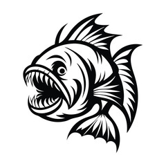Obraz premium Black and White Piranha Fish with Sharp Teeth on Isolated Background