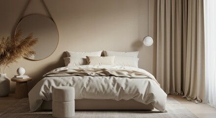 Bedroom interior with bed, round mirror and curtains in neutral tones