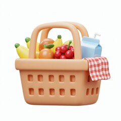 Baskets full of groceries, 3d rendering isolated on white background. Cartoon plastic style icon