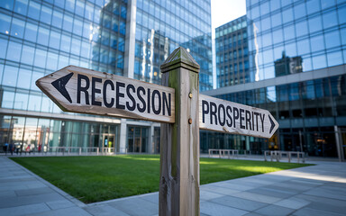 Obraz premium Economic Direction Sign Recession or Prosperity Choice at Financial Crossroads in Urban Business District