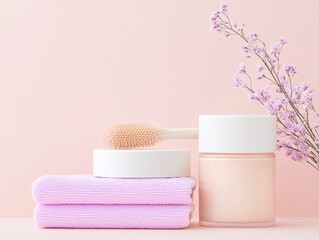 Pink and Lavender Cosmetic Set on Pink Background