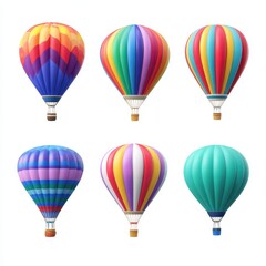 Six colorful hot air balloons isolated on white background